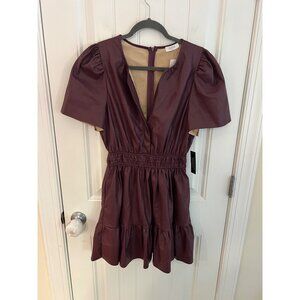 Avara Faux Leather Eggplant‎ Purple Puff Sleeve Smocked Waist Dress Size L NWT